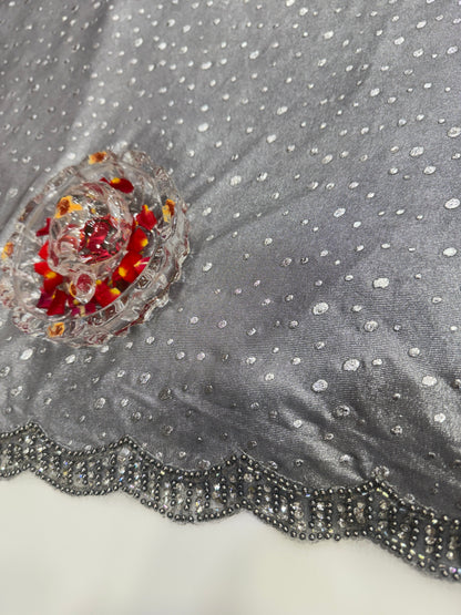 Silver Grey Sequin Saree for Women – Fancy Designer Fabric with Diamond Stone Border and Matching Blouse