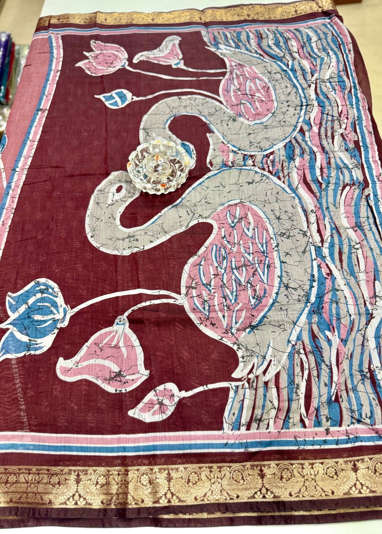 Chennuri silk style printed saree with traditional artwork border and unstitched blouse fabric for women