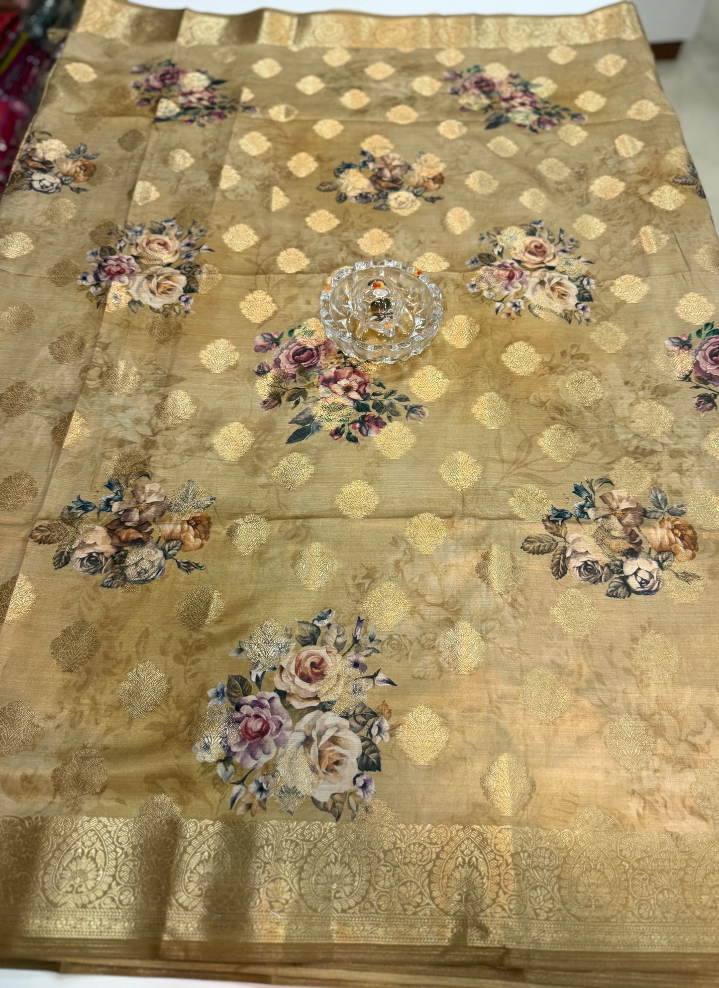 Bamboo Silk Floral Printed Saree with Rich Decorative Pallu, All Over Rich Butti Weaving