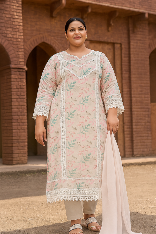 Linen cotton Kurti Pant with Dupatta Set