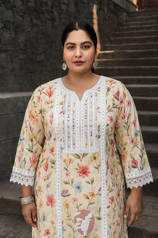 Linen cotton Kurti Pant with Dupatta Set