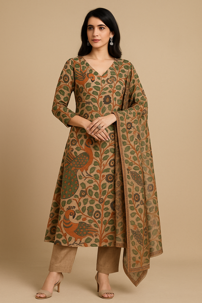 Handloom Cotton Silk Kalamkari Print Kurti Pant Dupatta Set – Women’s Ethnic Wear