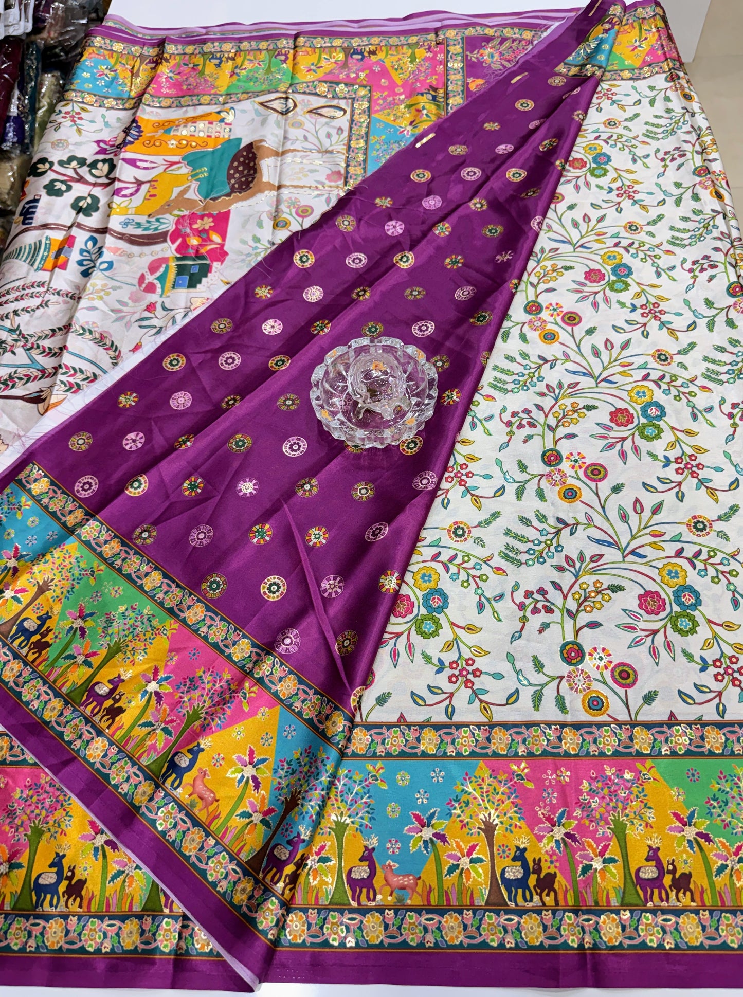 Japan satin saree for women with position print pallu and blouse, soft satin printed saree for festive and casual wear