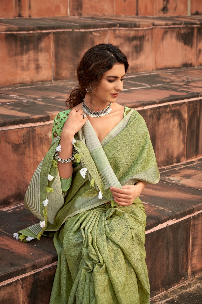 linen silk saree with striped design and border – lightweight ethnic wear for women