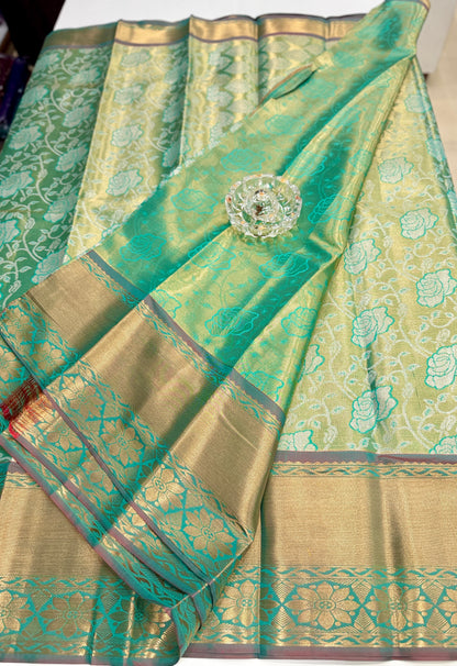 Bridal tissue saree for women with woven zari work and contrast border, kanchipuram style powerloom saree with blouse fabric