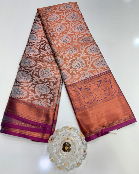 Bridal tissue saree for women with woven zari work and contrast border, kanchipuram style powerloom saree with blouse fabric