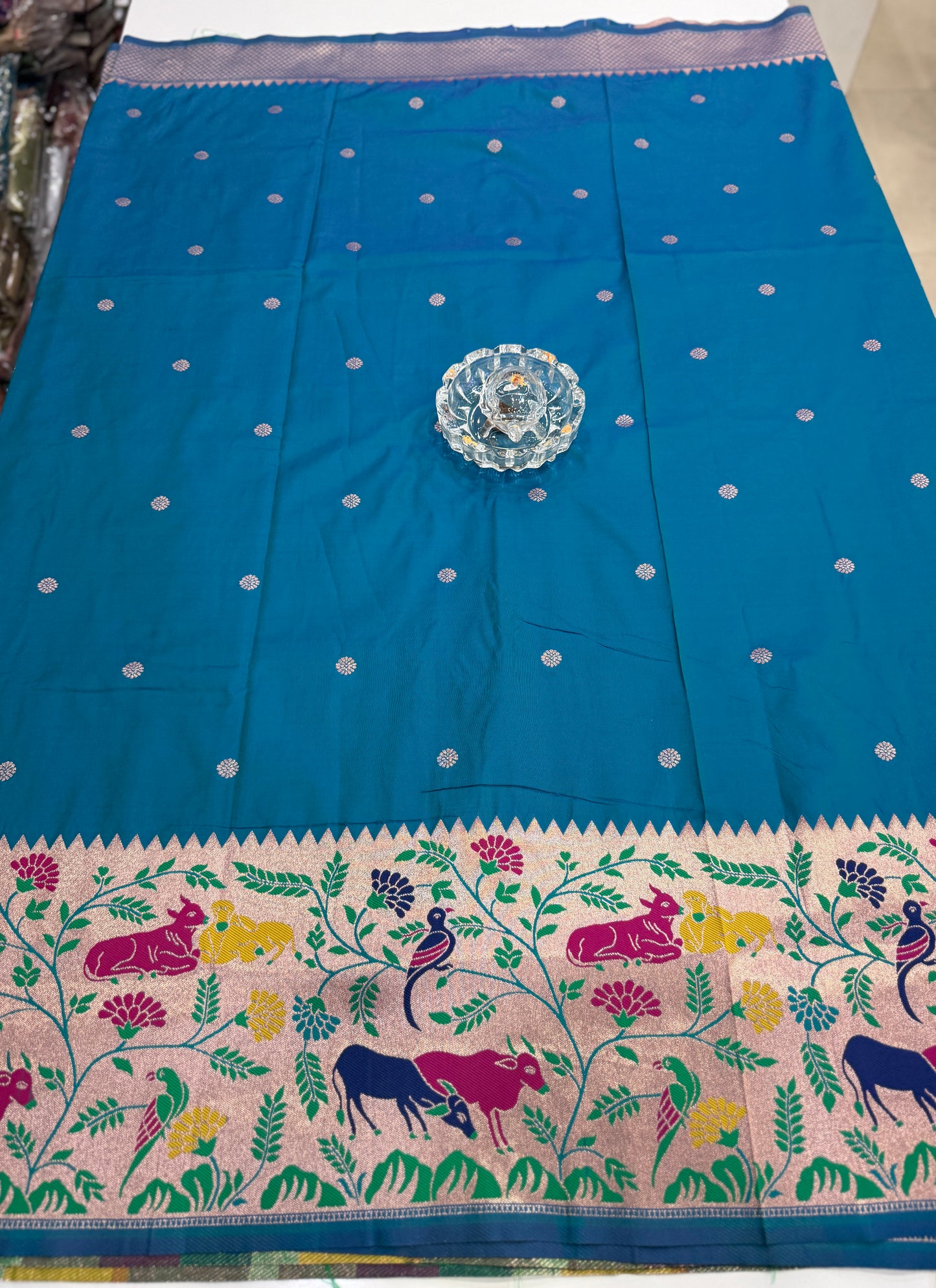 Paithani printed soft silk saree with zari-style border and contrast blouse for women