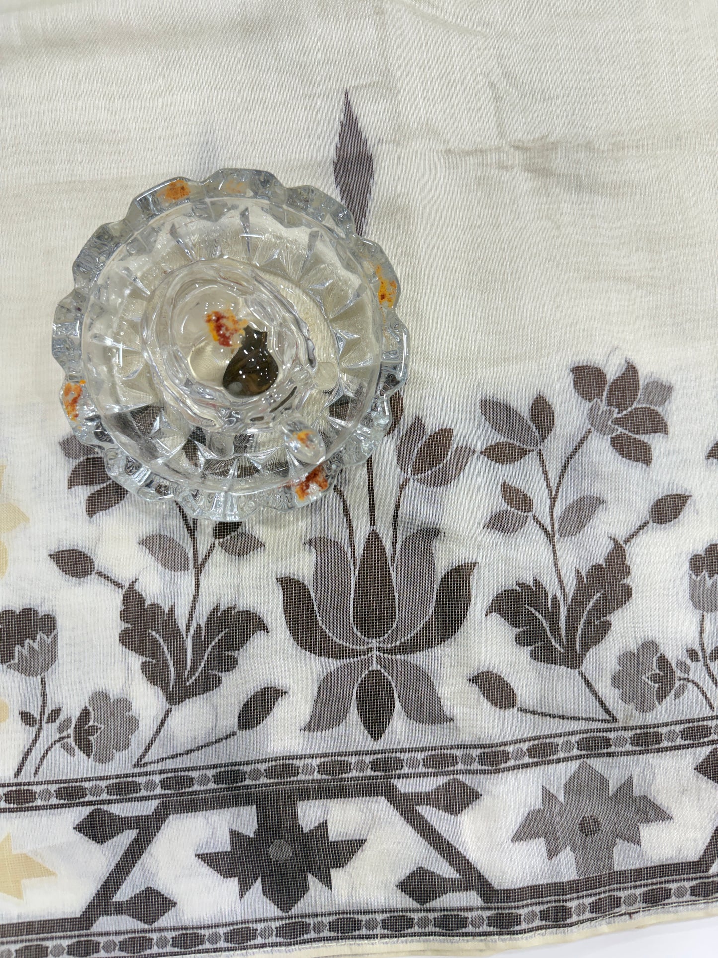 Ivory beige kora silk style viscose saree with woven motifs, tassel pallu and embroidered blouse fabric for women