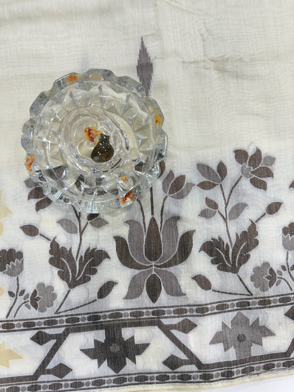 Ivory beige kora silk style viscose saree with woven motifs, tassel pallu and embroidered blouse fabric for women