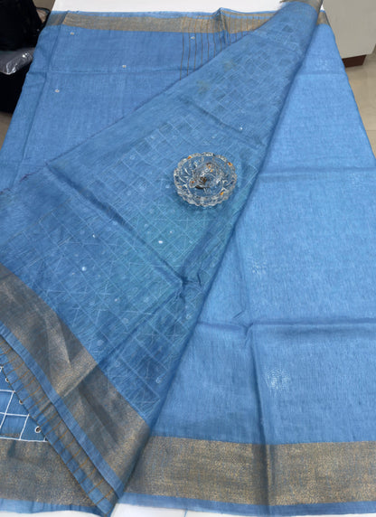 Pure Tissue 150 Count Linen Handloom Saree with Handwork and Running Blouse for Women