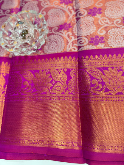 Bridal tissue saree for women with woven zari work and contrast border, kanchipuram style powerloom saree with blouse fabric