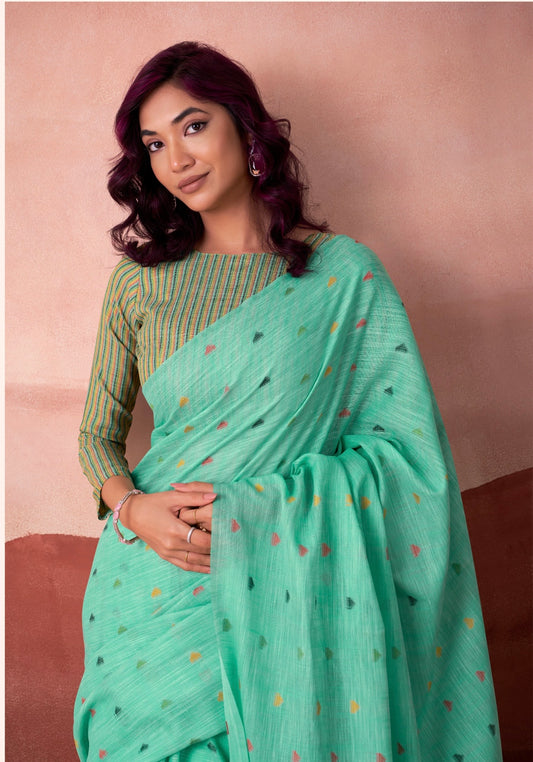 linen silk printed saree with geometric pallu and multicolor motifs – ethnic wear for women