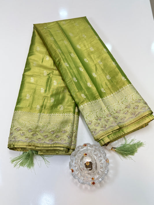 Rich Tissue Silk Saree with Heavy Zari Weaving and Ornate Border for Women