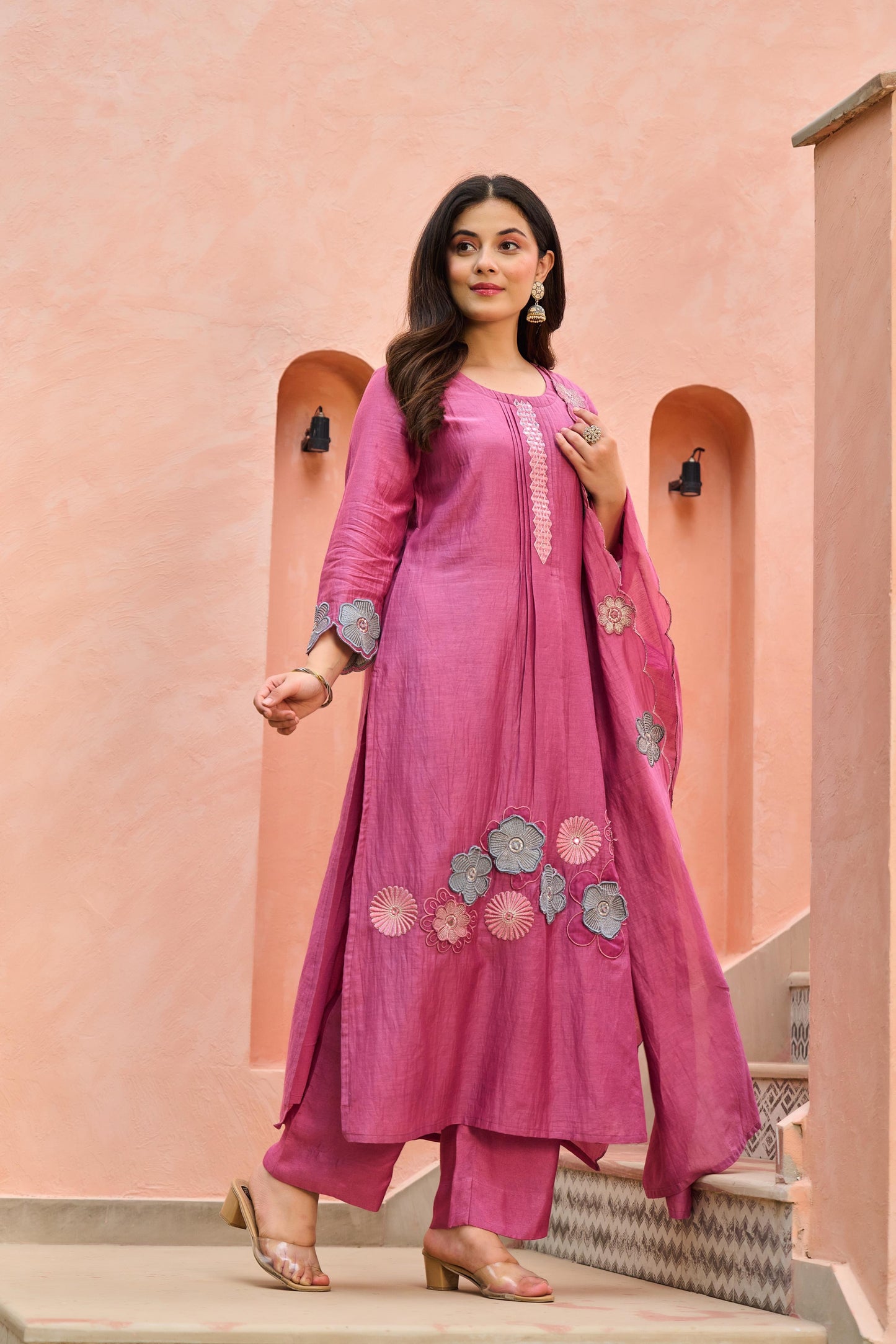 Mal Chanderi Kurta Pant Dupatta Set with Embroidery, Patchwork, and Cutwork – Women’s Suit Set