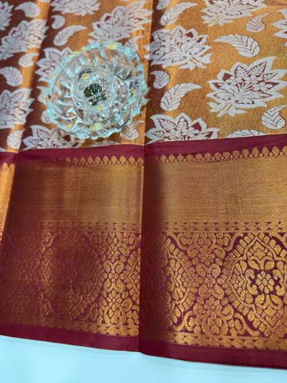 Bridal tissue saree for women with woven zari work and contrast border, kanchipuram style powerloom saree with blouse fabric