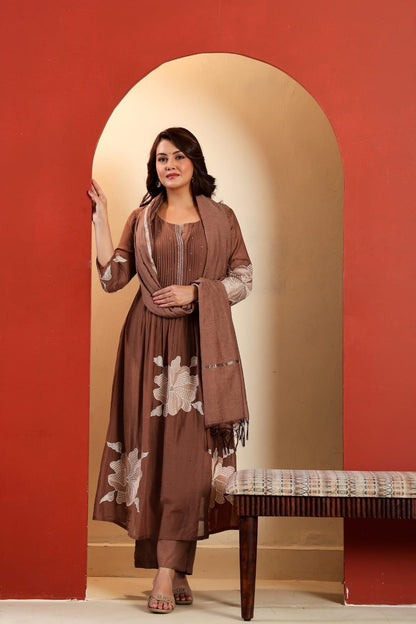 Mul Chanderi Kurta Set with Pintuck and Floral Embroidery, Shantoon Pant and Chanderi Dupatta