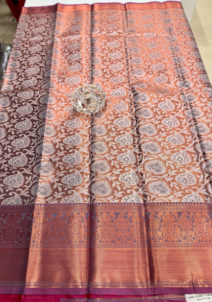 Bridal tissue saree for women with woven zari work and contrast border, kanchipuram style powerloom saree with blouse fabric