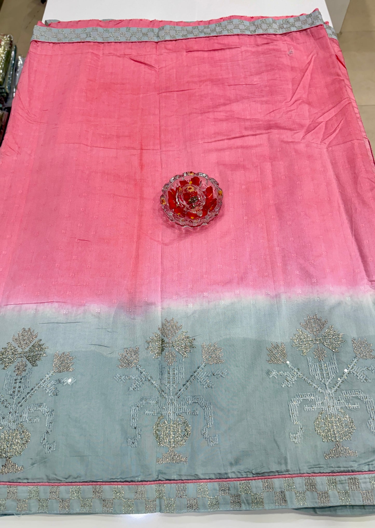 Omber shaded Silk Saree with Embroidery Lace Work, Patchwork and Art Silk Blouse