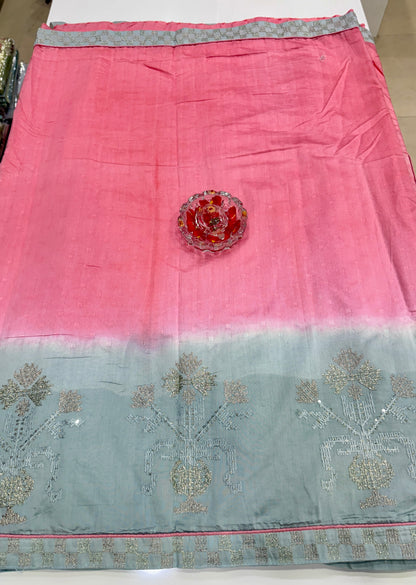 Omber shaded Silk Saree with Embroidery Lace Work, Patchwork and Art Silk Blouse