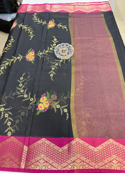 Banarasi kota silk saree with floral embroidery, contrast magenta zari border and matching blouse piece for women