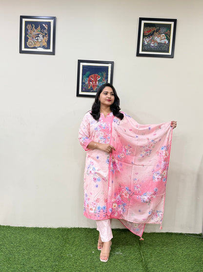 Women’s Linen Schiffli Embroidered Kurta Set with Cotton Pant and Viscose Mal Dupatta – L to 3XL
