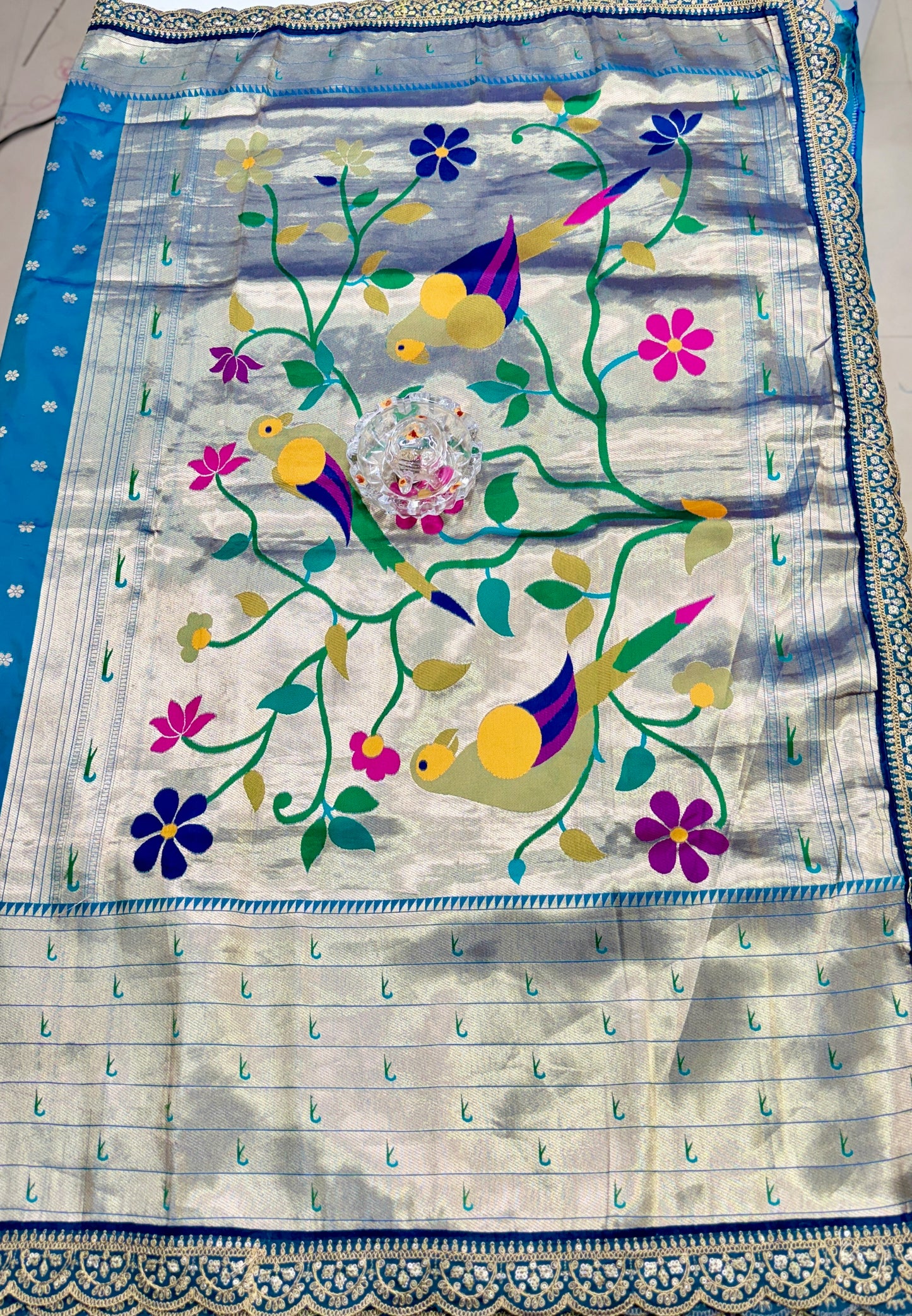 Paithani Lace Border Saree with Parrot Motifs and Contrast Blouse