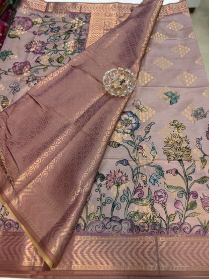 Bamboo Silk Floral Printed Saree with Rich Decorative Pallu, Rich Floral Kalamkari Style Prints