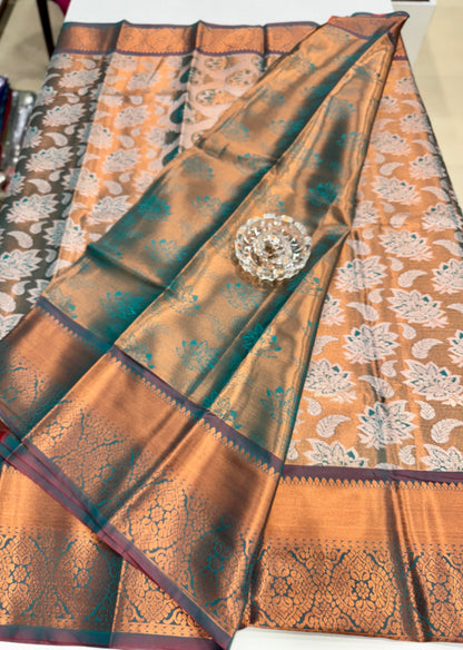 Bridal tissue saree for women with woven zari work and contrast border, kanchipuram style powerloom saree with blouse fabric