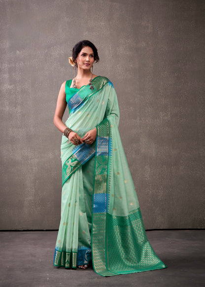 royal modal cotton saree with zari border and contrast blouse – festive ethnic wear for women