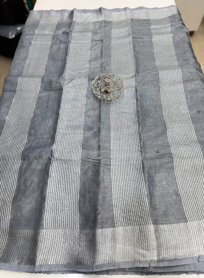 Pure Tissue 150 Count Linen Handloom Saree with Handwork and Running Blouse for Women