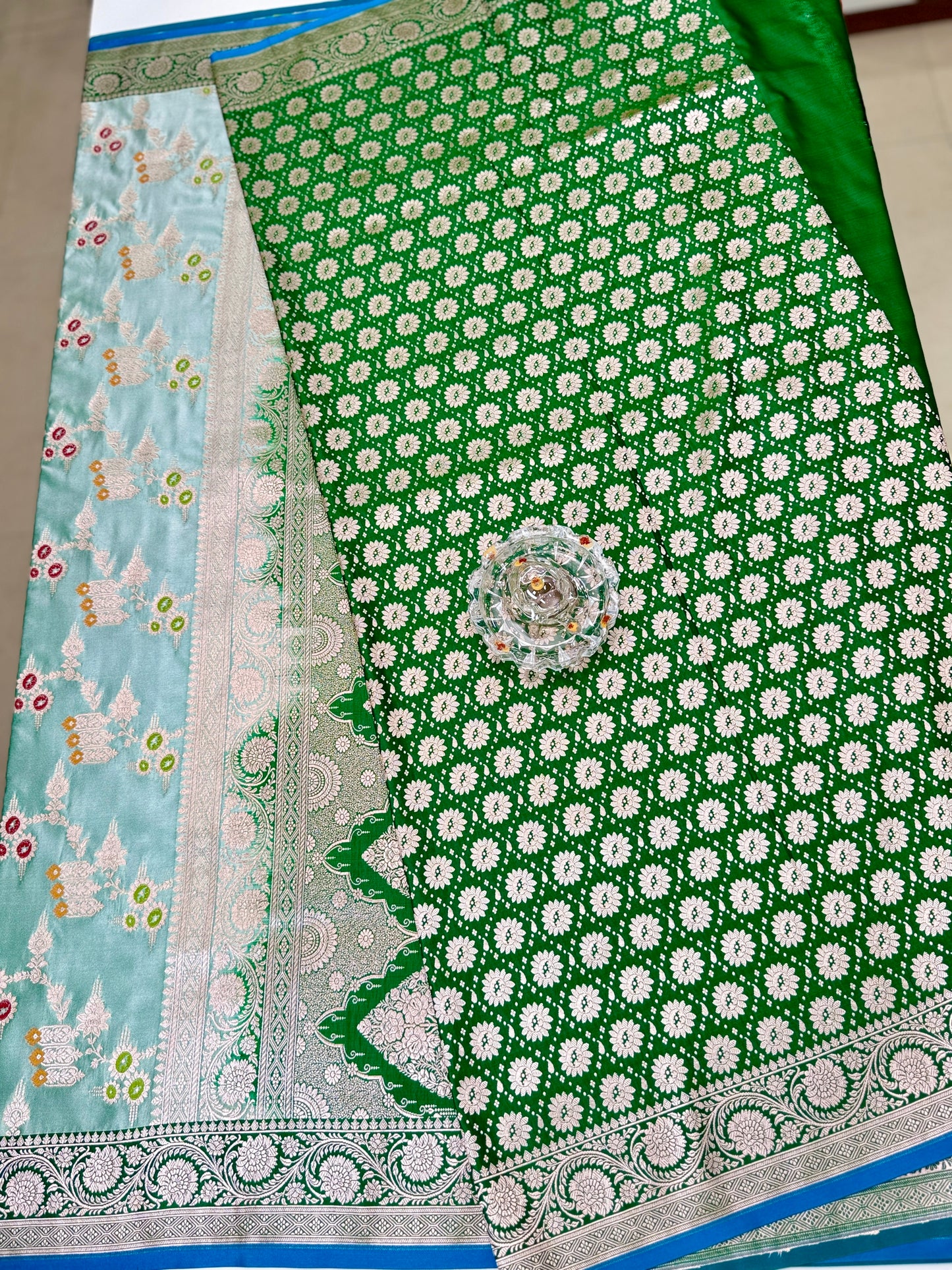 Mashru Katan Silk Saree with Multicolor Zari Weaving and Contrast Border – Festive Wear for Women