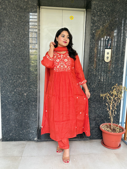 Mul Chanderi Kurta Pant Dupatta Set with Embroidery Work – Women’s Ethnic Wear (Sizes M–3XL)