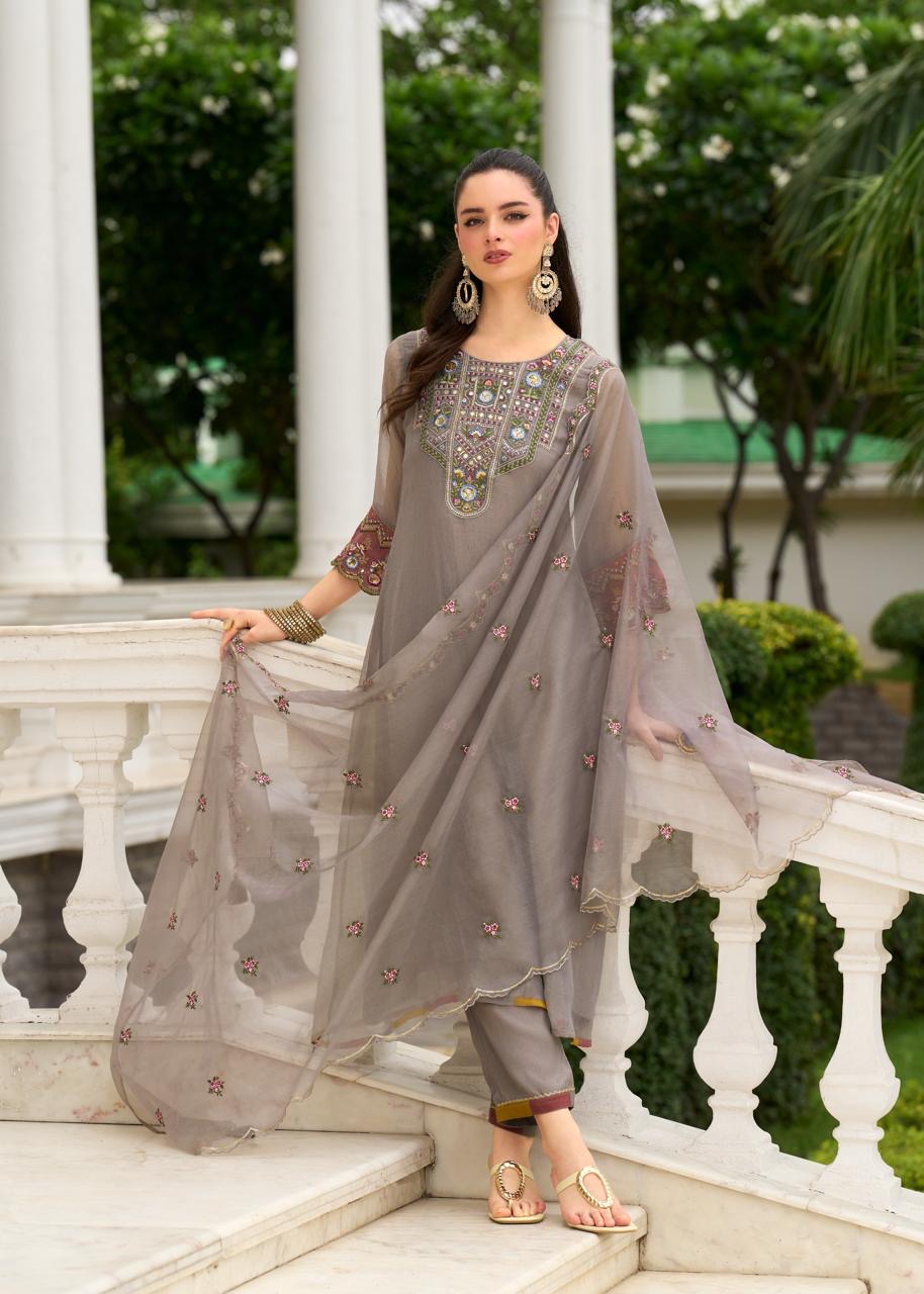 Organza Crush 3-Piece Suit Set with Embroidery, Handwork and Muslin Inner for Women