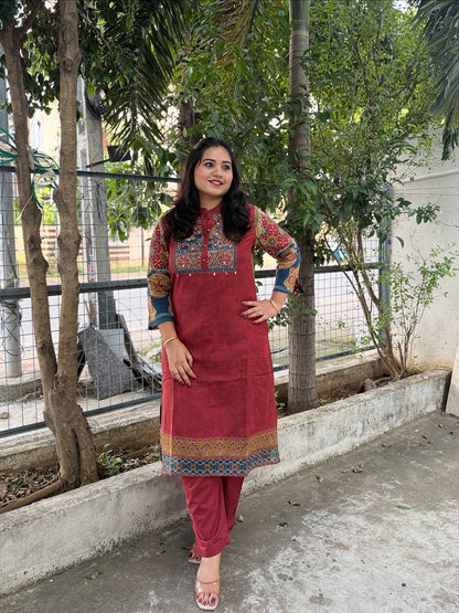 Printed Cotton Kurta Pant Set with Yoke Embroidery – Elegant Daily and Festive Wear for Women