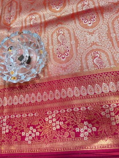 Kanjivaram Soft Silk Saree with Meenakari Weaving, Broad Pattu and Potli Tassels – Wedding Silk Saree for Women