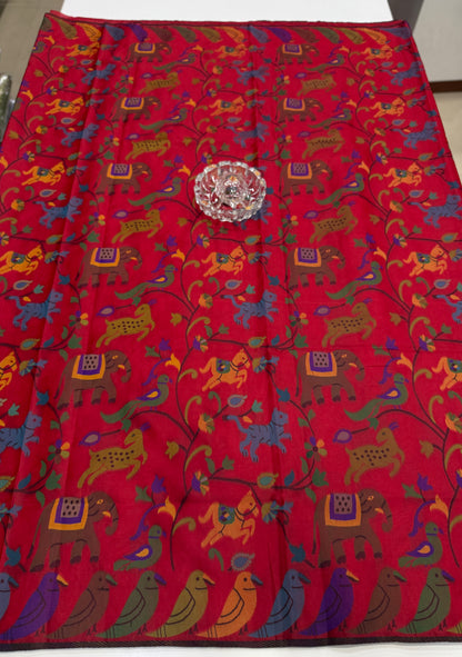 Soft silk printed saree with multicolour ethnic motifs and contrast blouse piece