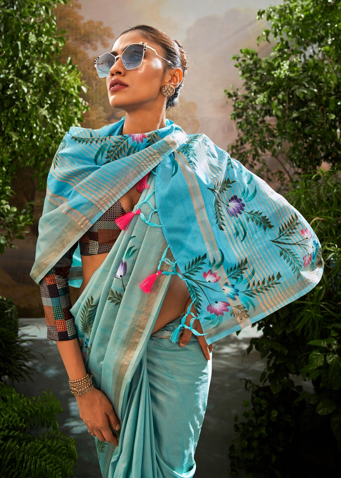 Soft Linen Tissue Saree with Hand Brush Print and Kalamkari Blouse – Festive and Wedding Wear