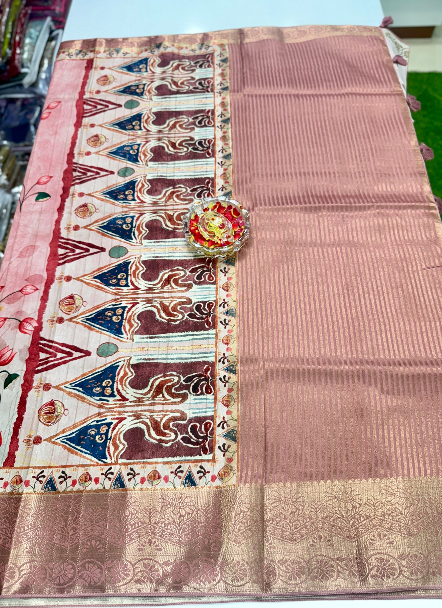 Boyanapalli-Style Silk Blend Saree with Jacquard Border and Chit Pallu – Printed Festive Saree for Women