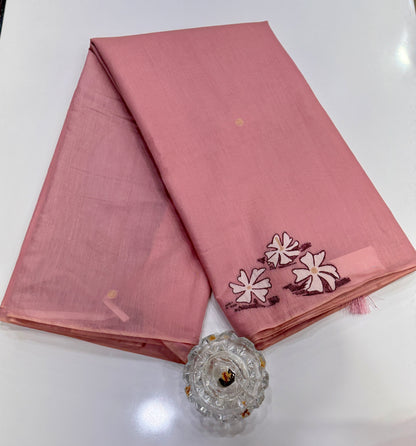 Pink kora silk style viscose saree with woven motifs and embroidered unstitched blouse fabric for festive wear