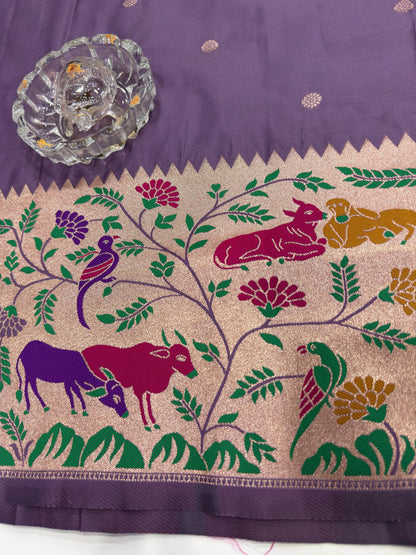 Paithani printed soft silk saree with zari-style border and contrast blouse for women