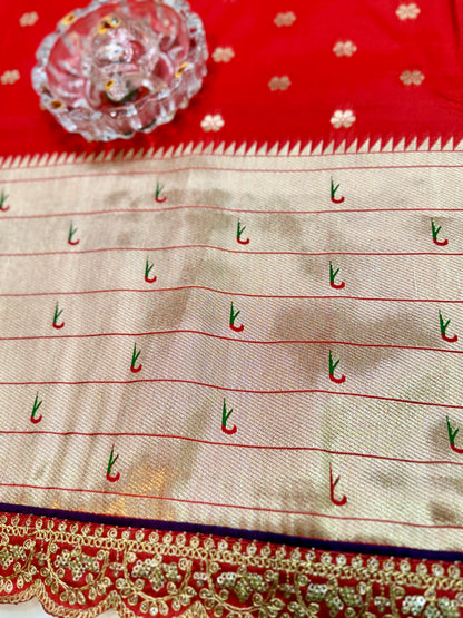 Paithani Lace Border Saree with Parrot Motifs and Contrast Blouse