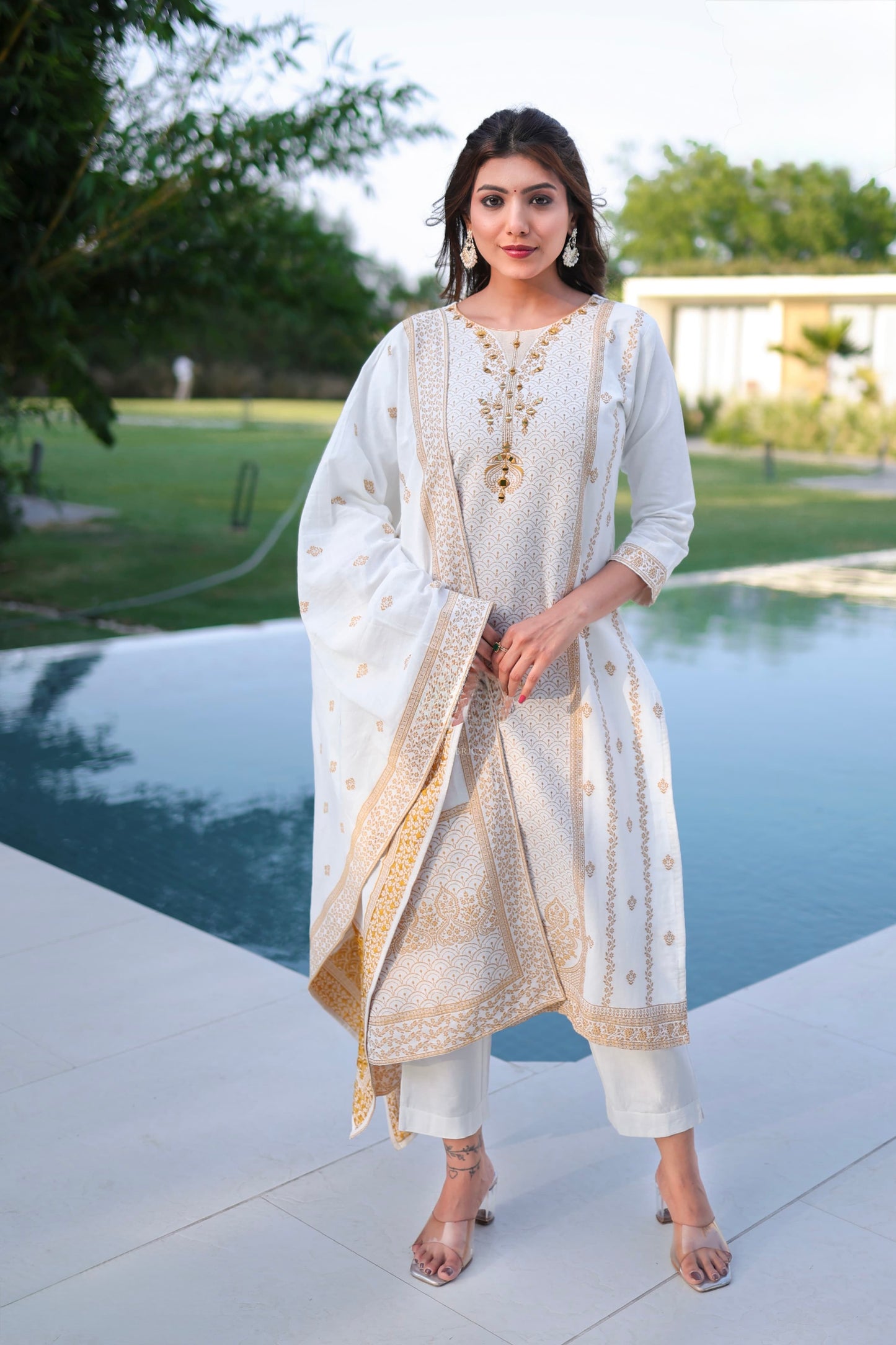 Pure Cotton Jacquard Kurti Pant Dupatta Set with Mirror Work Detailing for Women