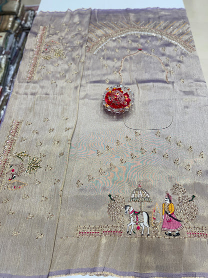 Pure Ziraf Silk Saree with Zari, Thread, Cut Dana, Moti & Mirror Heavy Work – Luxury Bridal and Festive Wear Saree for Women