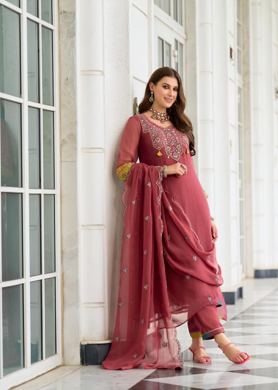 Organza Crush 3-Piece Suit Set with Embroidery, Handwork and Muslin Inner for Women