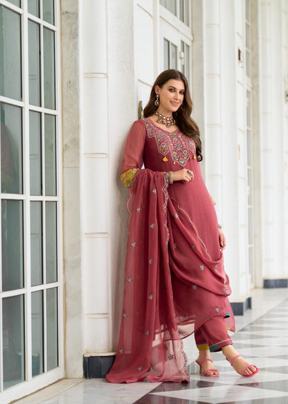 Organza Crush 3-Piece Suit Set with Embroidery, Handwork and Muslin Inner for Women