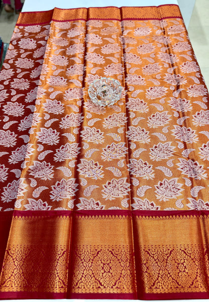 Bridal tissue saree for women with woven zari work and contrast border, kanchipuram style powerloom saree with blouse fabric