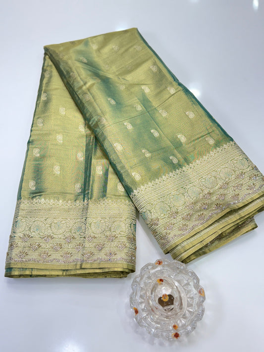 Rich Tissue Silk Saree with Heavy Zari Weaving and Ornate Border for Women