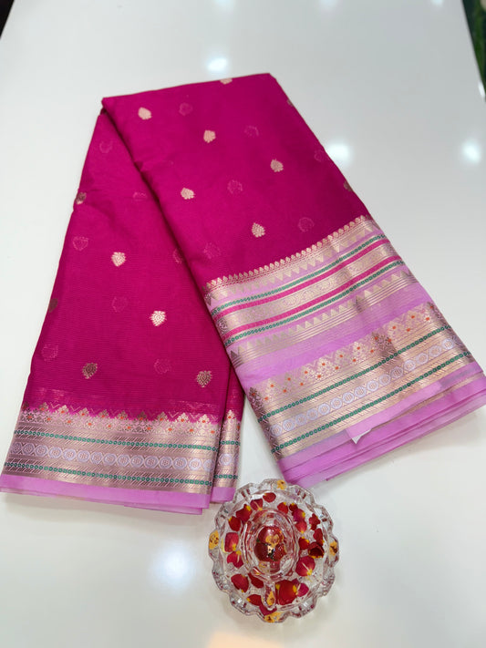 Banarasi Semi-Georgette Silk Saree with Gold Zari Weaving and Meenakari Border – Traditional Festive Saree for Women