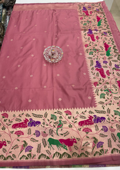 Paithani printed soft silk saree with zari-style border and contrast blouse for women
