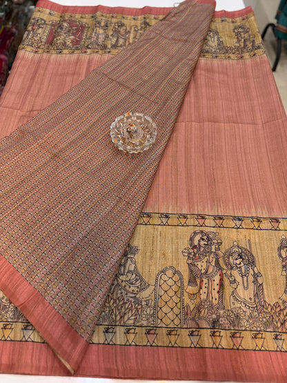 Spider Silk Saree with Folk Art Print Border and Tassel Pallu